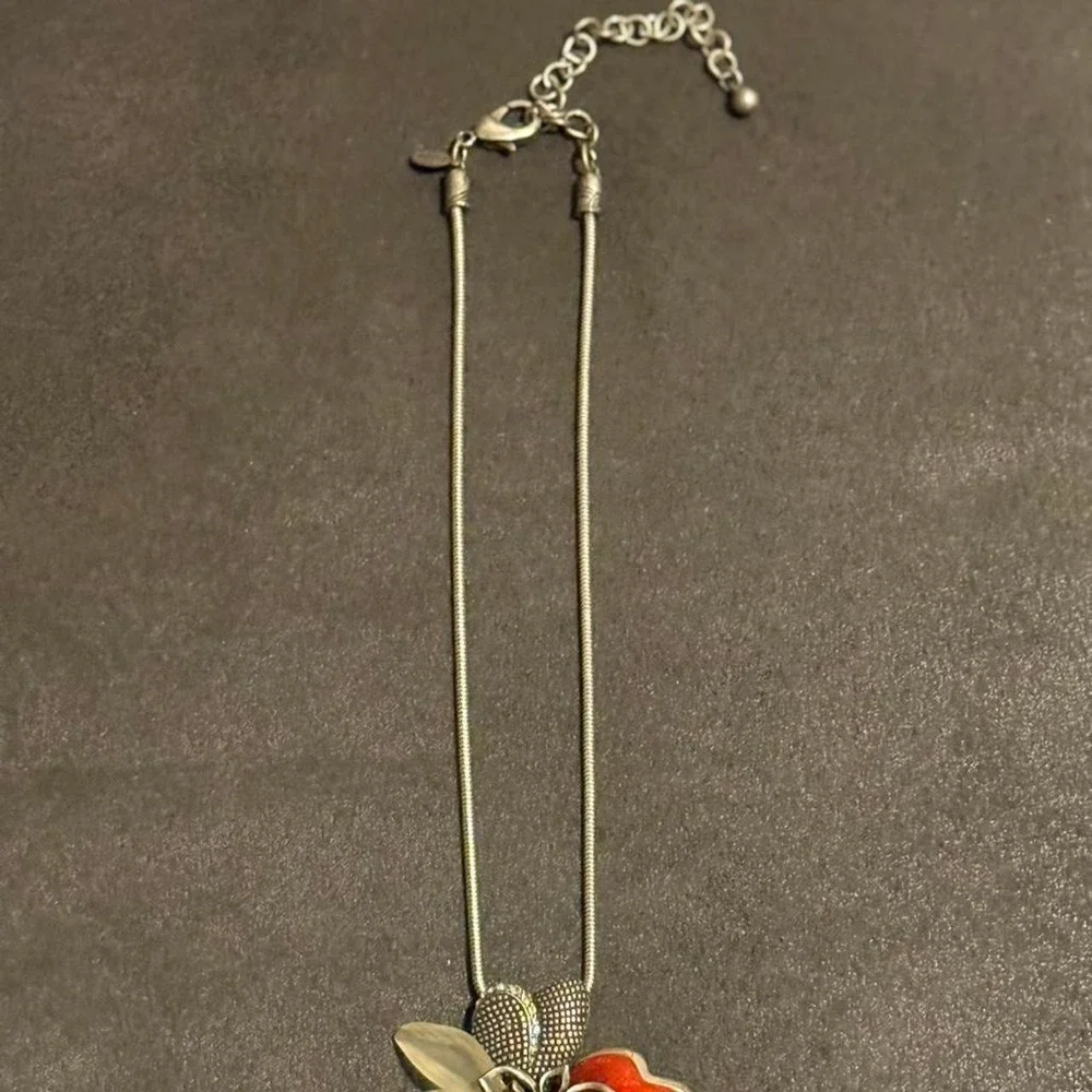 Silver & Red Flower Pendant Necklace